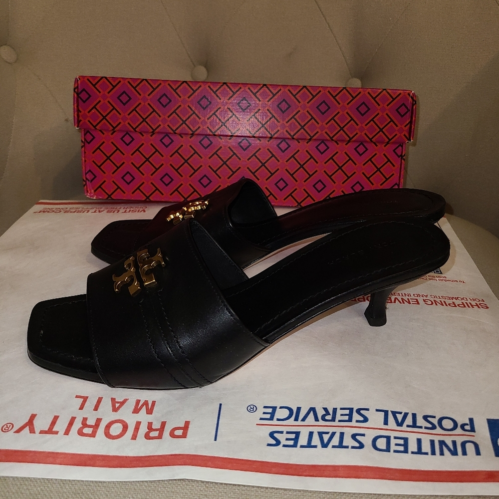 Tory Burch Designer Everly Kitten Heel Black Slide Sandals Gold Logo 8 - Picture 5 of 11